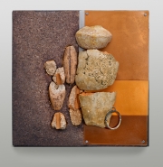 Unearthed 2016 12x12x3 cork, pottery shards, steel, plastic